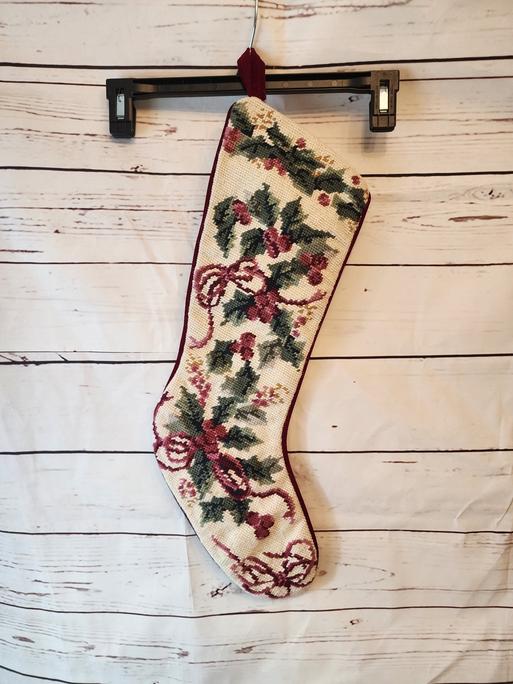 Classic Tapestry Holly & Berries Christmas Stocking - Ivory and Burgundy